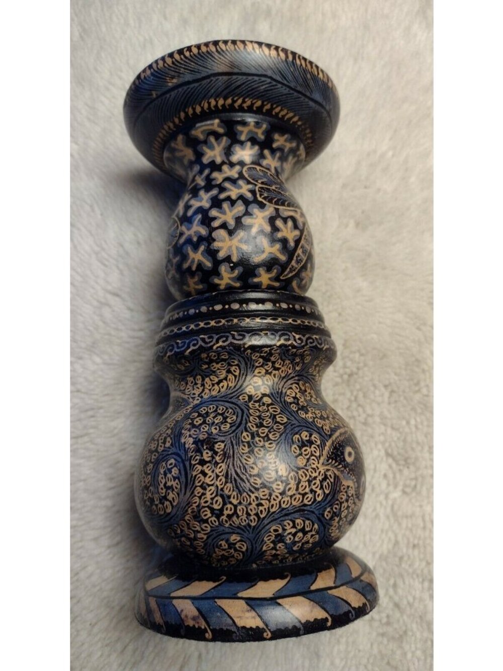 Wooden Hand Painted Candle Holder Nature Dragonfly Butterfly 8.5 Inches Pillar